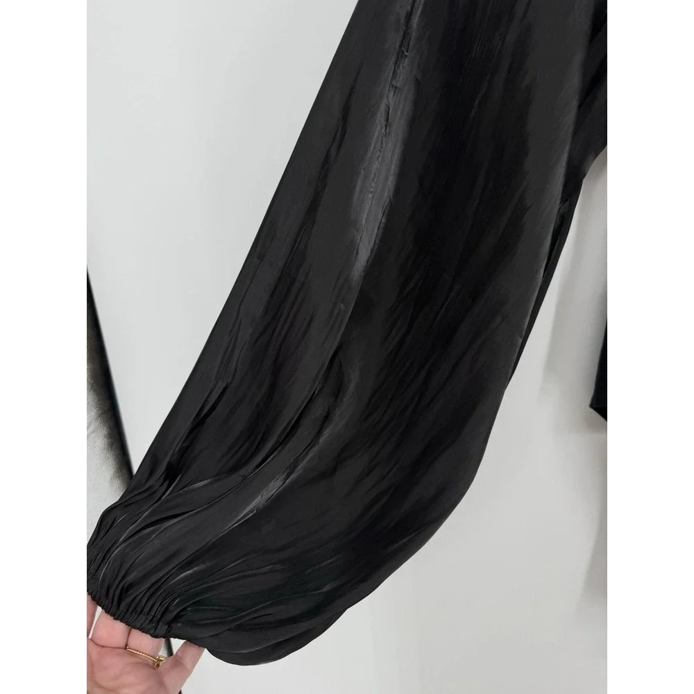 Lulus Black Smocked Square Neck Bodysuit with Satin Balloon Sleeves & Cutout M - Picture 2 of 6